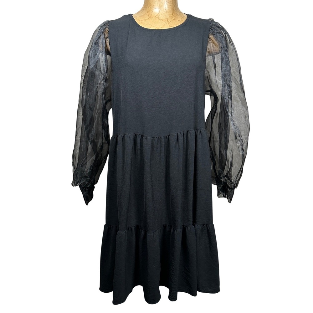 Black Tiered‎ Babydoll Dress Sheer Organza Puff Long Sleeve Goth Mini Grunge 90s